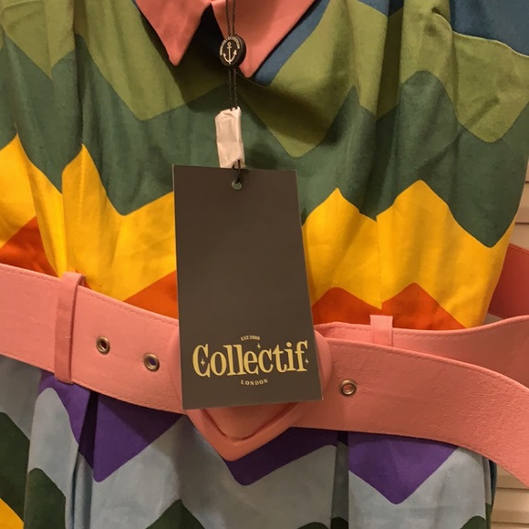ModCloth Collectif M rainbow dress with pink belt, heart belt buckle, never worn - Picture 7 of 7